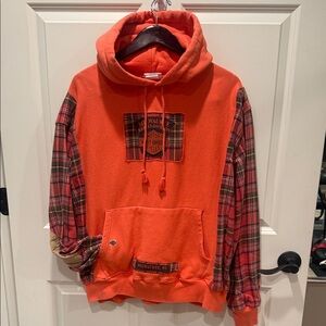 One of a kind upcycled sweatshirt w flannel sleeves and Harley Davidson logos